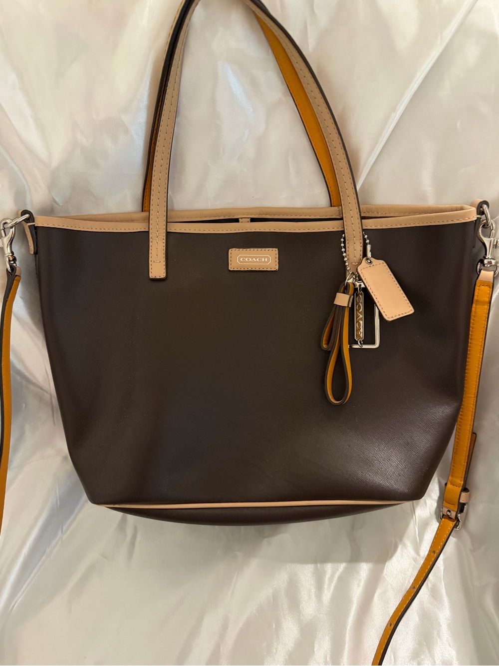 Coach Dark Brown Tote with Tan Trim and Mustard Strap